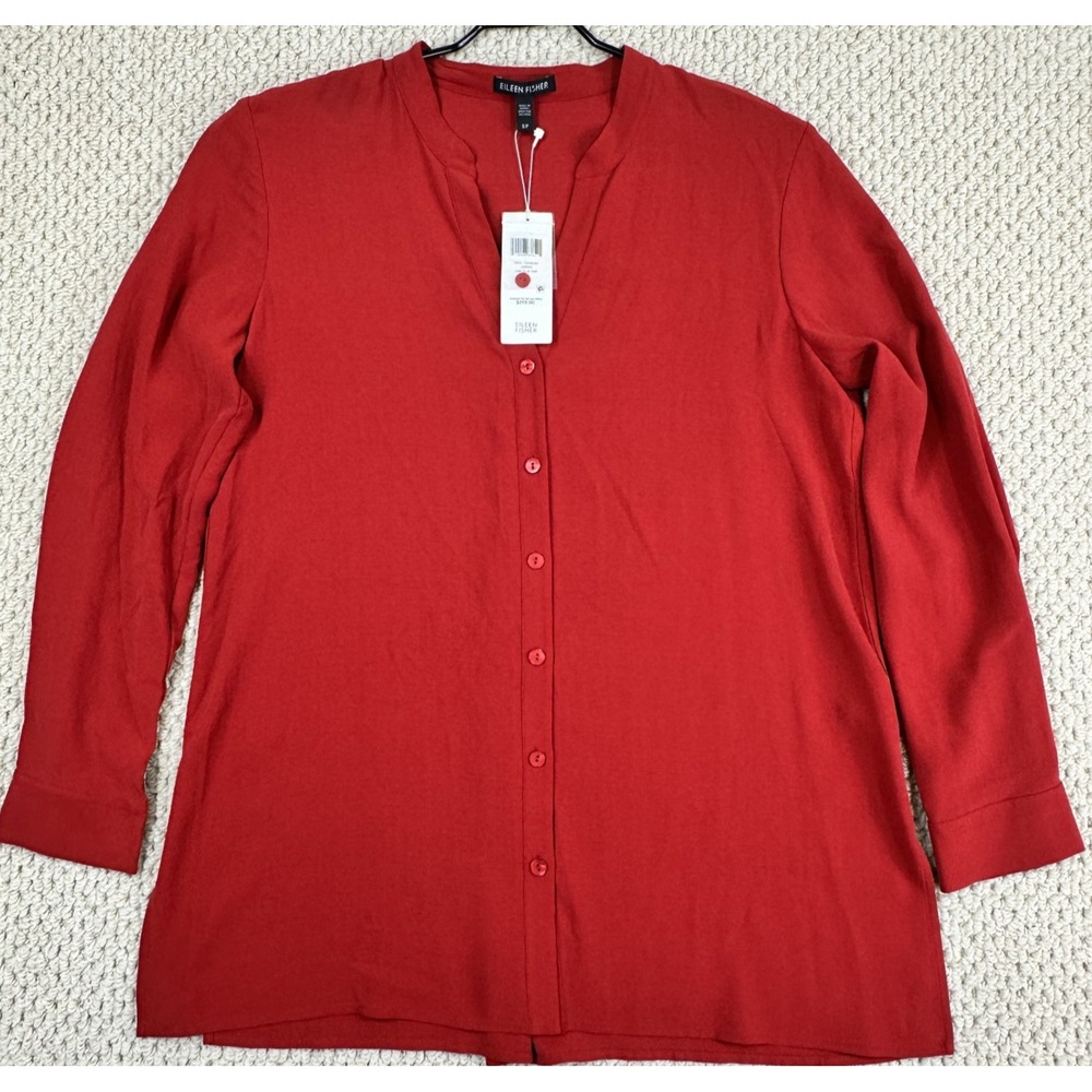 Eileen Fisher Silk Shirt Womens S Red Georgette Crepe Stand Collar Top NEW $298